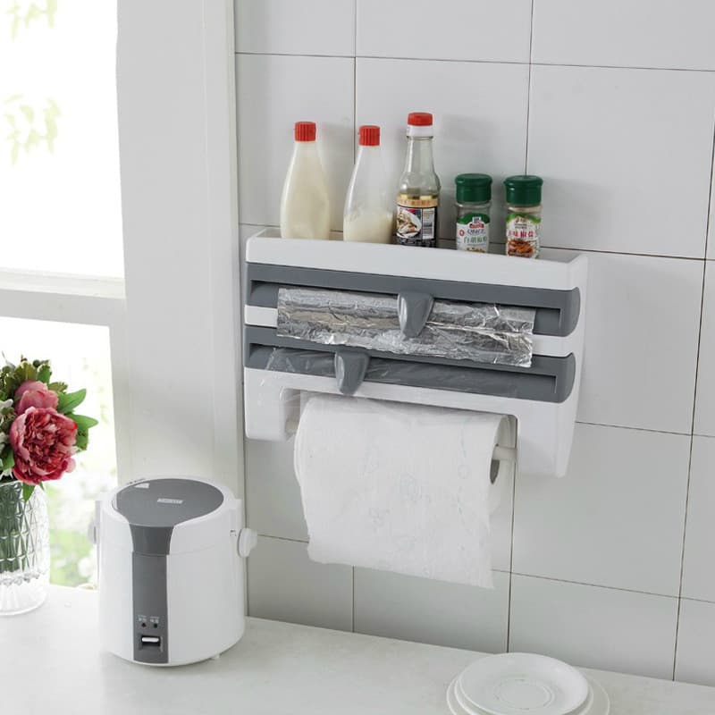 Dispenser 4 em 1 Cortador Papel Filme Aluminio Porta Papel Toalha Tempero Organizador de Cozinha