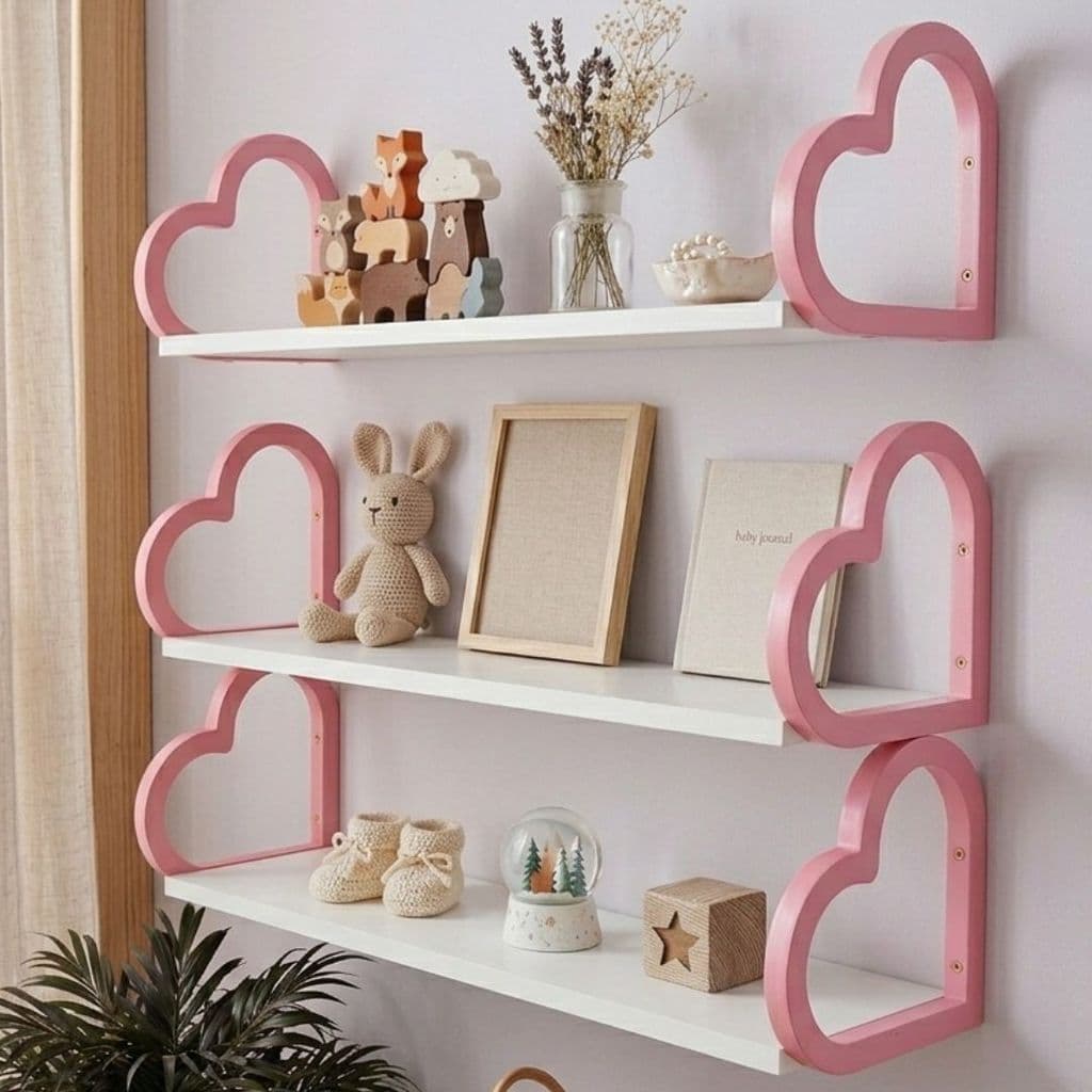 Tres prateleiras coração quarto de bebê rosa e branco