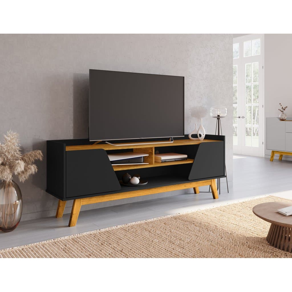 Rack para TV até 65 Polegadas MDF 160cm Pés em Madeira Maciça Turim 2 Portas 1 Prateleira Preto Preto Fosco/Naturalle