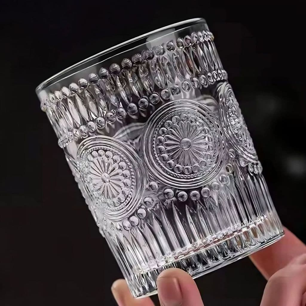 Jogo 6 Copos Vidro Relevo 300ml Retrô Vintage Luxo Elegante Girassol Mandala Mesa posta Presente