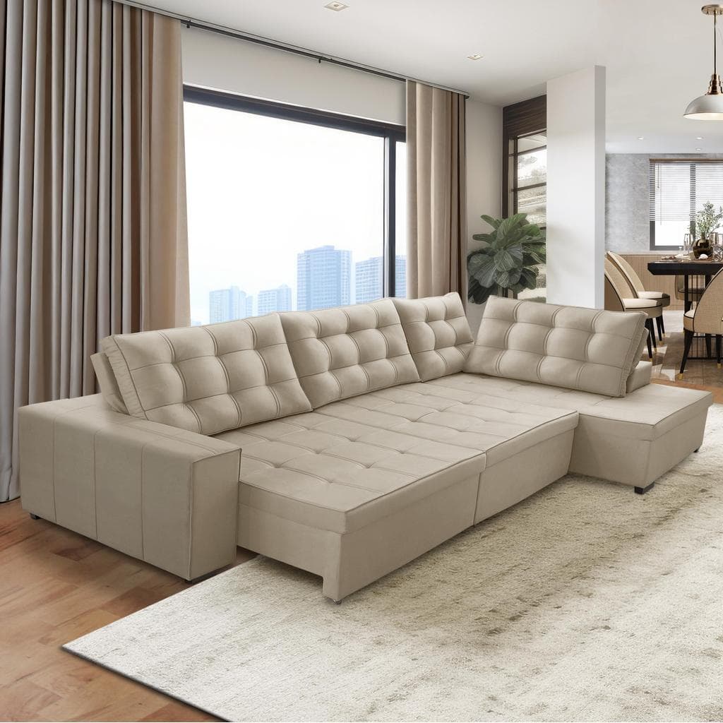 Sofá de Canto Retrátil e Reclinável com Molas 3,00x2,00 Jacke Suede Bege Adonai Estofados