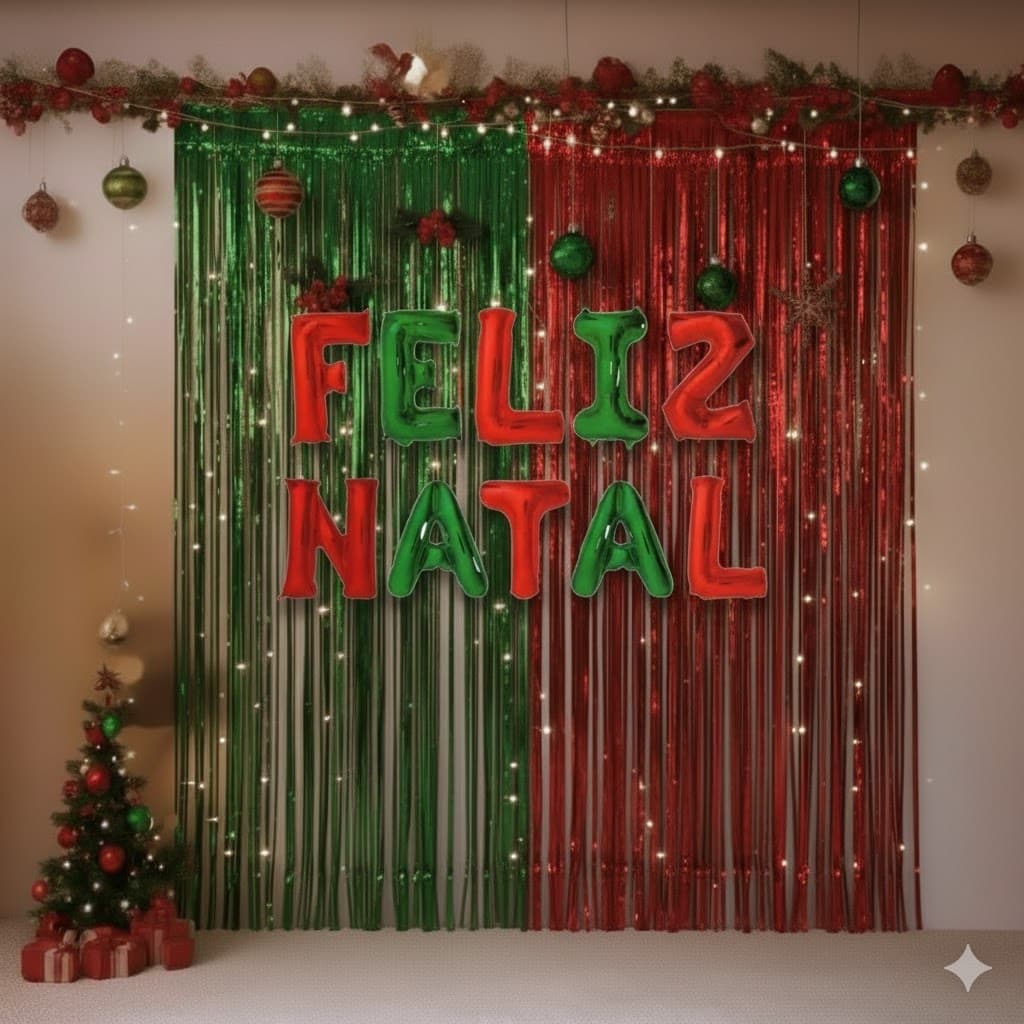 Kit Feliz Natal 2 Cores Balões Metalizados + 2 Cortinas de Fitilho Verde+vermelho Decoração Festa
