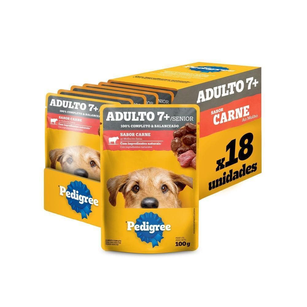 Kit Ração Úmida Carne ao Molho para Cães Adultos Sênior 7 Anos 18 Unidades Pedigree Sachê