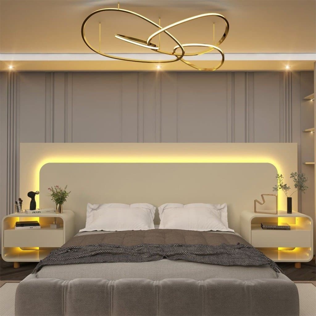 Cabeceira Box Casal com 2 Mesas de Cabeceira com LED Innova 100% MDF Branco Off White