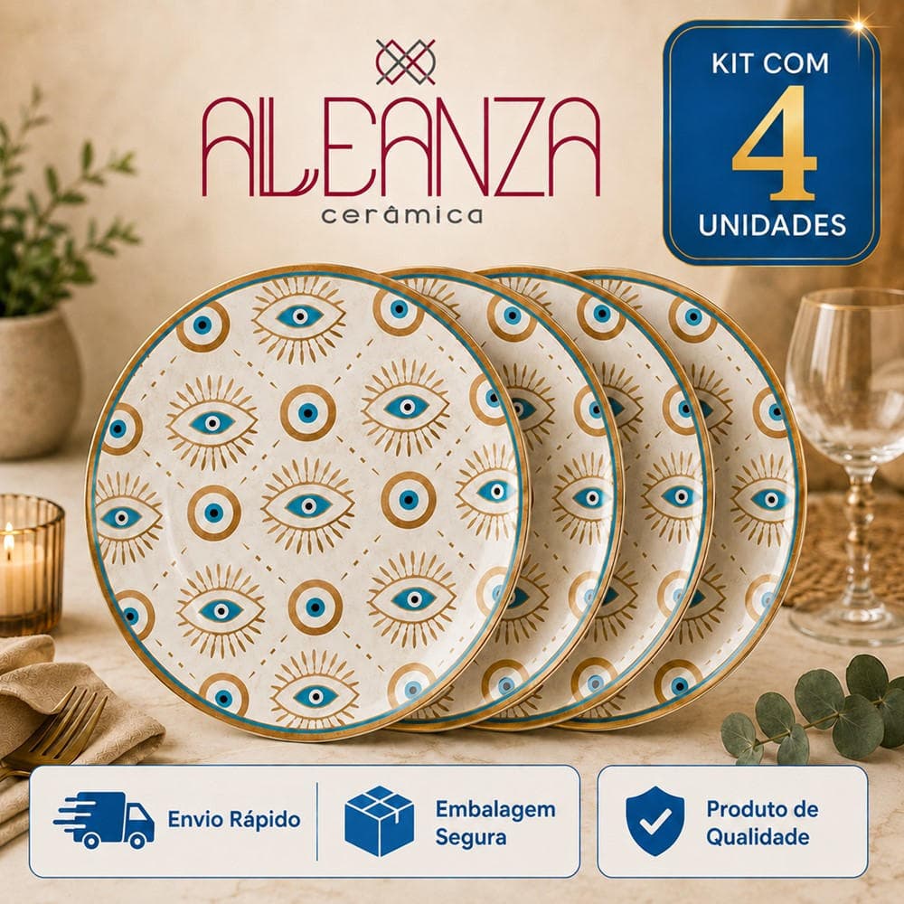 Jogo 4 Prato Raso Olho Grego Cerâmica Alleanza 30cm Mesa Posta