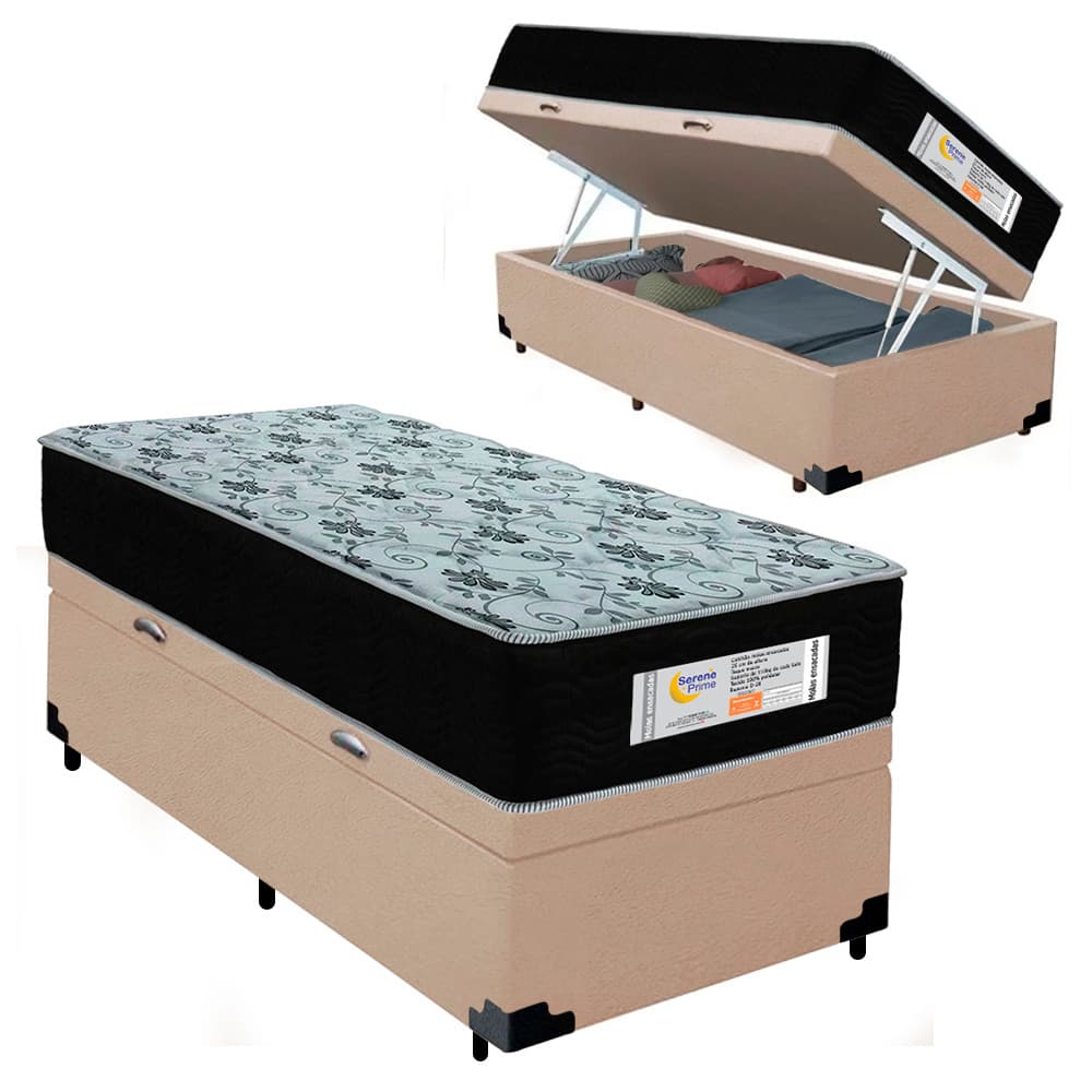Cama Box Baú Solteiro Suede + Colchão Molas Ensacadas SerenePrime Sonnolux - 88cm
