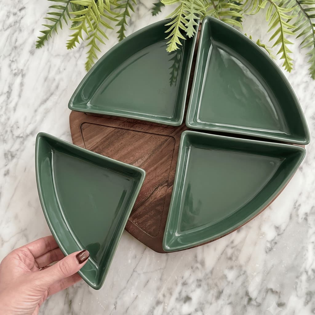 Petisqueira Cerâmica Verde Tábua Madeira 28cm com Prato Bandeja 4 Bowls Removíveis Jogo Servir Luxo