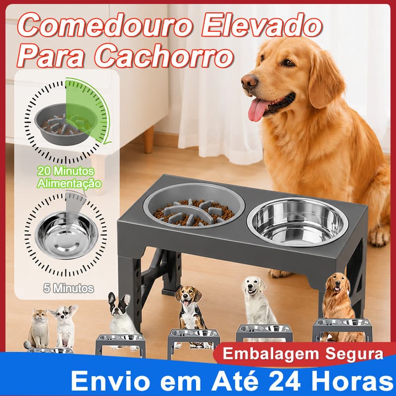 Comedouro Elevado Ajustável 2 Tigelas Inox Cães Gatos Dobrável Antiderrapante
