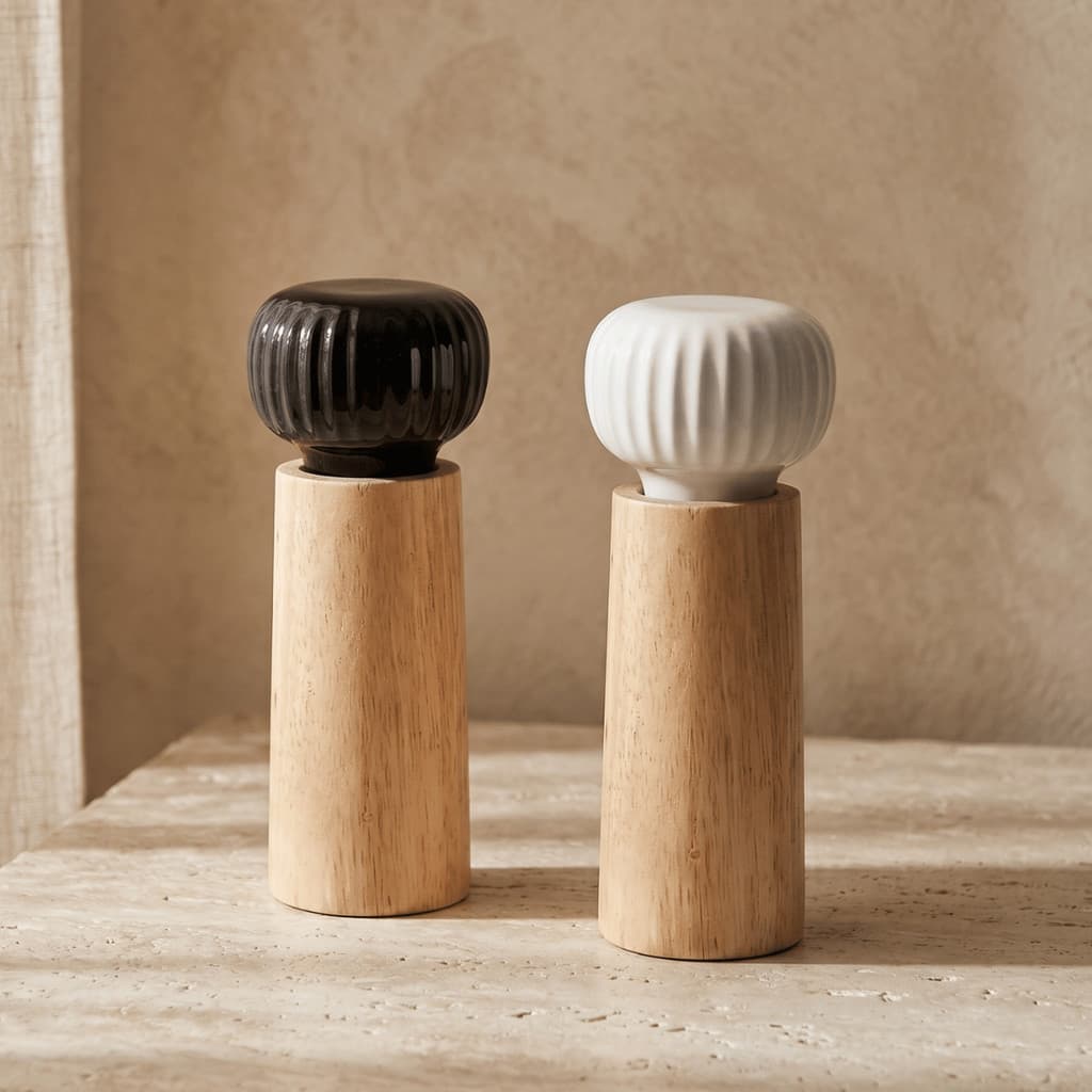 Jogo 2 Moedores Sal E Pimenta Madeira Ceramica Canelada Saleiro Pimenteiro Manual Mesa Posta 16cm