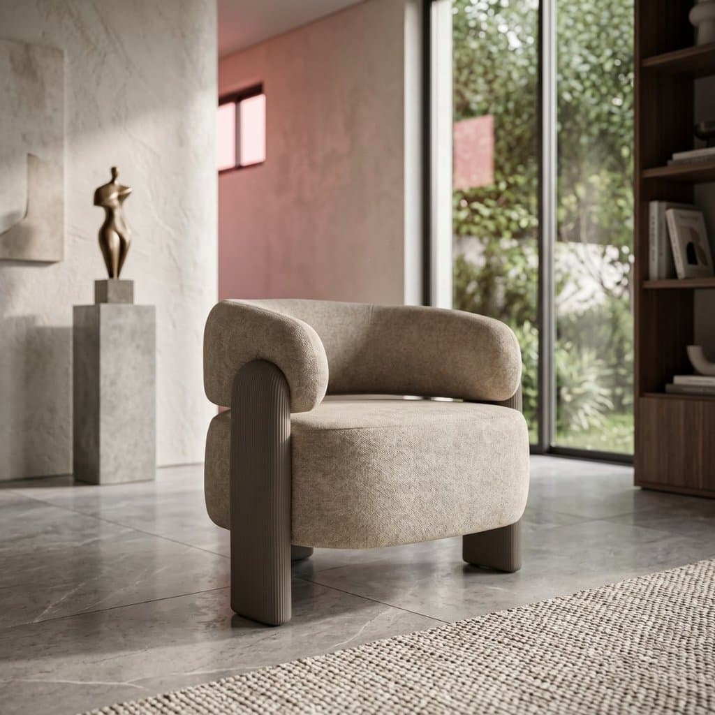 Poltrona Curva Orgânica Moderna linho Bege Sintético Cinza Clinicas Sala Quarto Recepção Escritório linha Premium