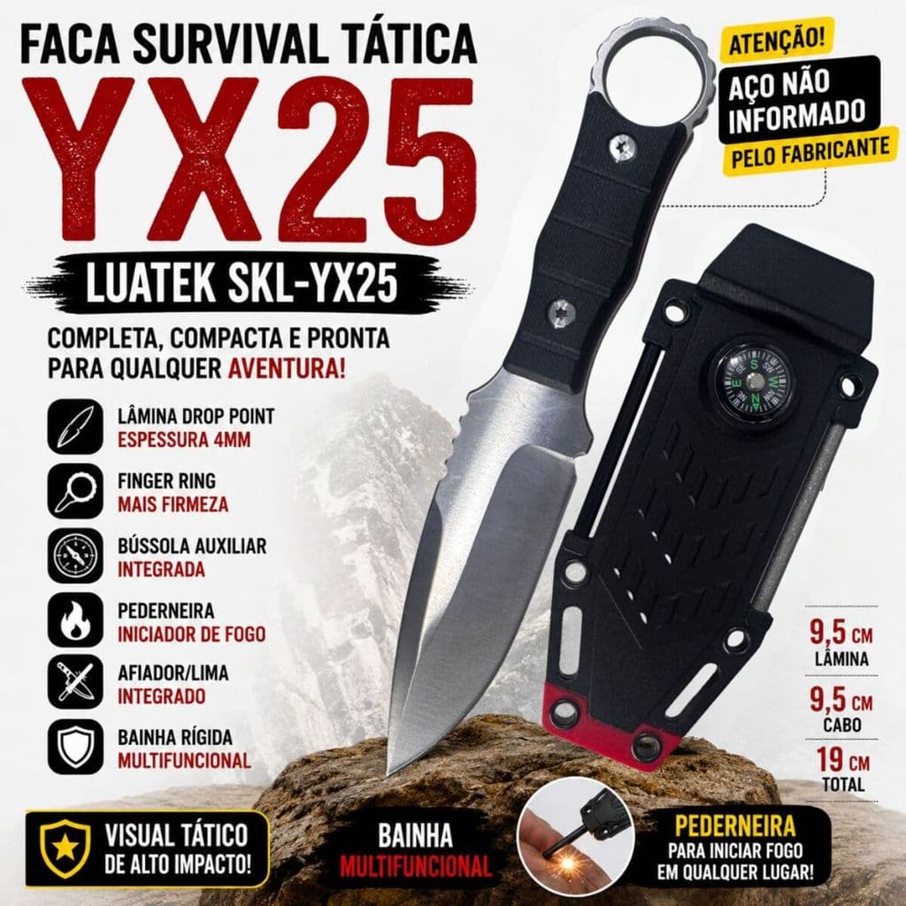 Faca Survival Tática Luatek YX25 Com Pederneira E Bússola