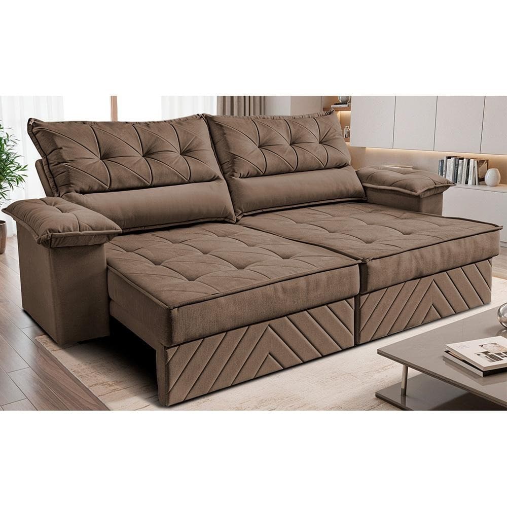 Sofá Retrátil e Reclinável 2,10m com Molas e Espuma D33 Thunder. Velusoft Cama inBox