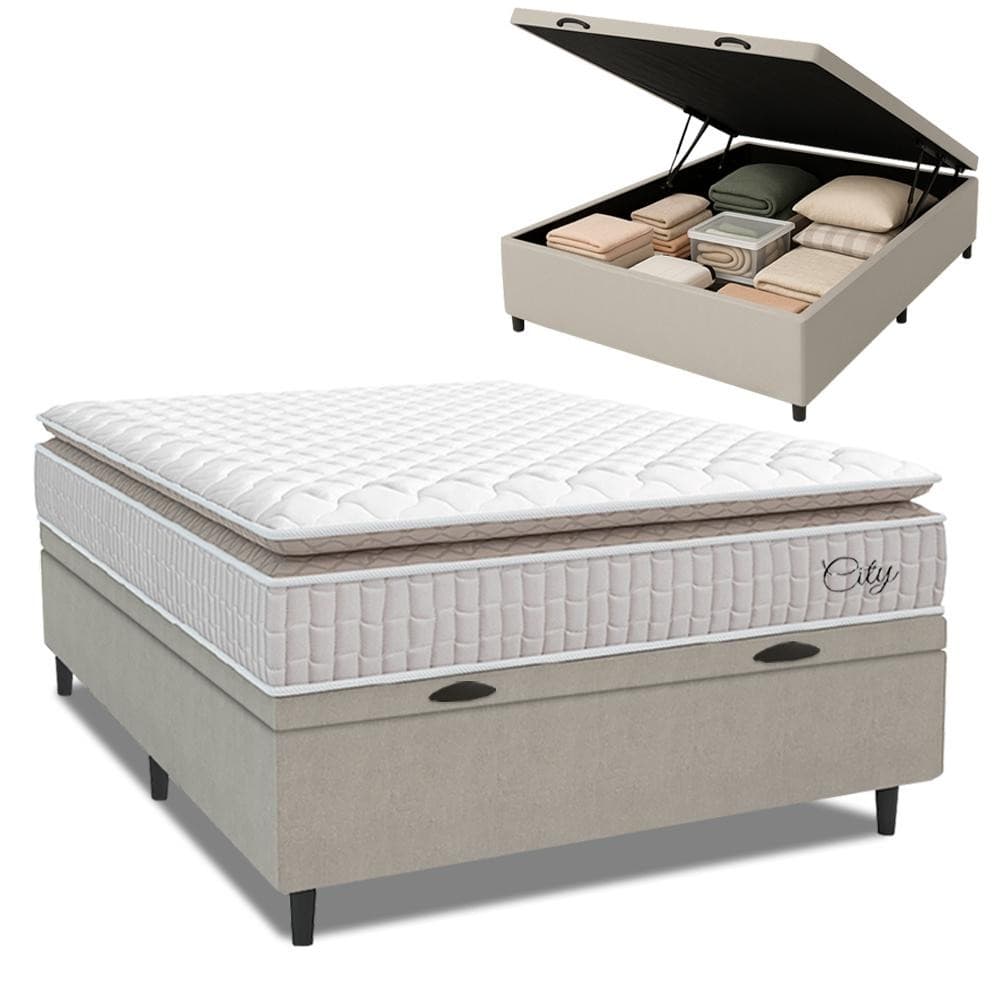 Cama Box Baú Colchão Casal Molas Ensacadas City Pillow Top 138x188x64cm Branco / Bege Hellen
