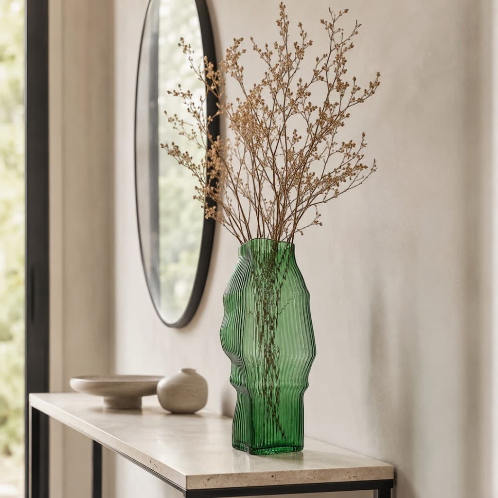 Vaso Decorativo Verde 28cm Vidro Canelado Design Curvado Moderno