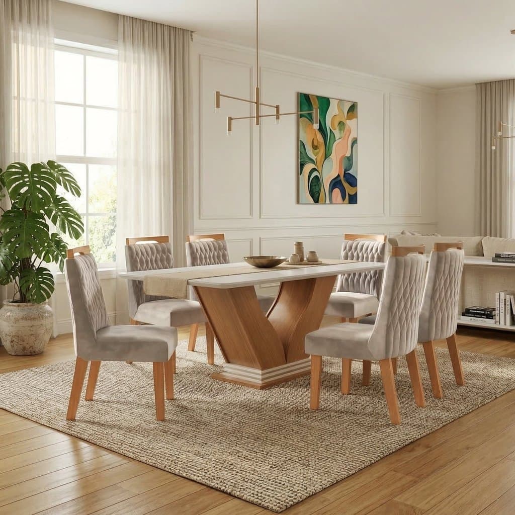 Sala de Jantar 6 Cadeiras Estofadas Atena e Mesa com Tampo MDF e Vidro Safira Cinamomo/Off White Bege Cinamomo/Off White