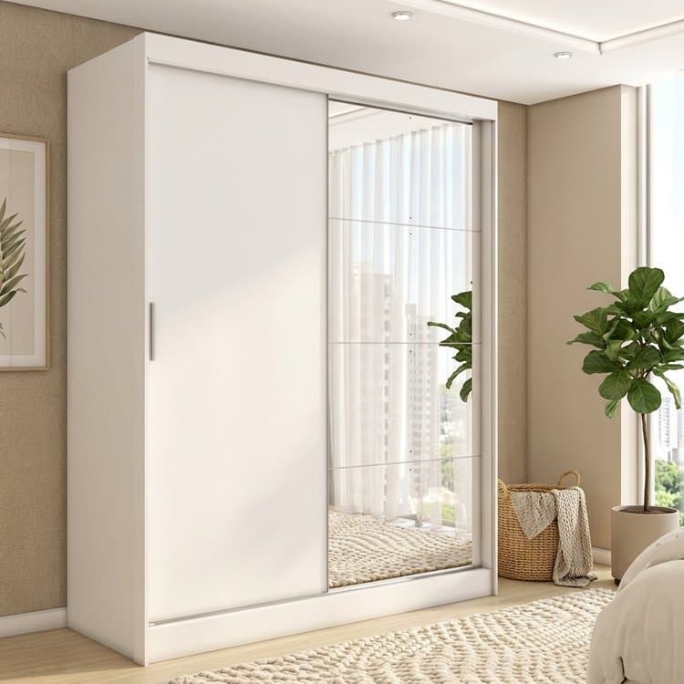 Guarda-Roupa Casal com Espelho 2 Portas de Correr e 4 Gavetas 100% MDF London Branco Branco/Amendola