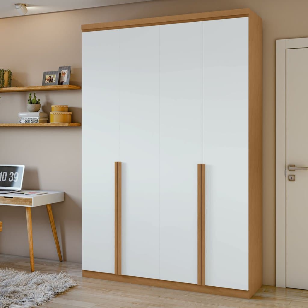 Guarda Roupa Solteiro 4 Portas 2 Gavetas MDF Alonzo 153.5cm Marrom Amêndoa Clean/Branco Amêndoa Clean/Branco