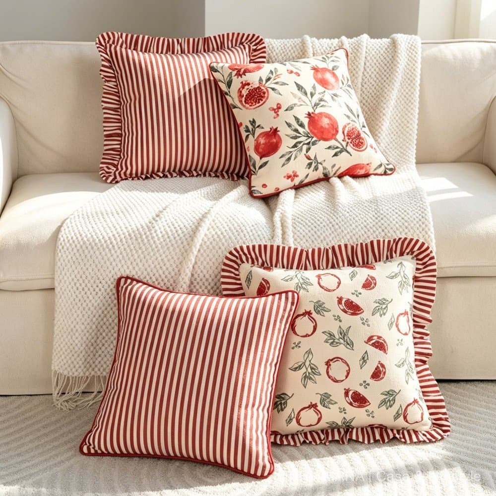 Capa De Almofada 45x45 Estampa Romã E Listrada Com Babados Para Sofá E Cama