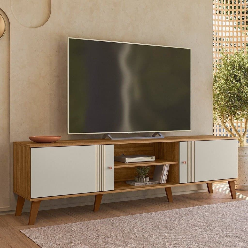 Rack para TV até 75 Polegadas MDF 180cm 2 Portas Nature Off White Denver Marrom Nature/Off White