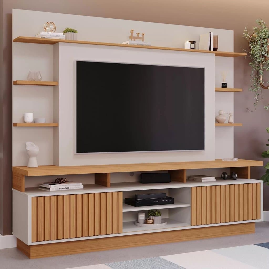 Estante para TV e Home Theater Ripado para TV até 65 Polegadas 100% MDF 218CMX191,5cm 2 Portas Raven Branco Off