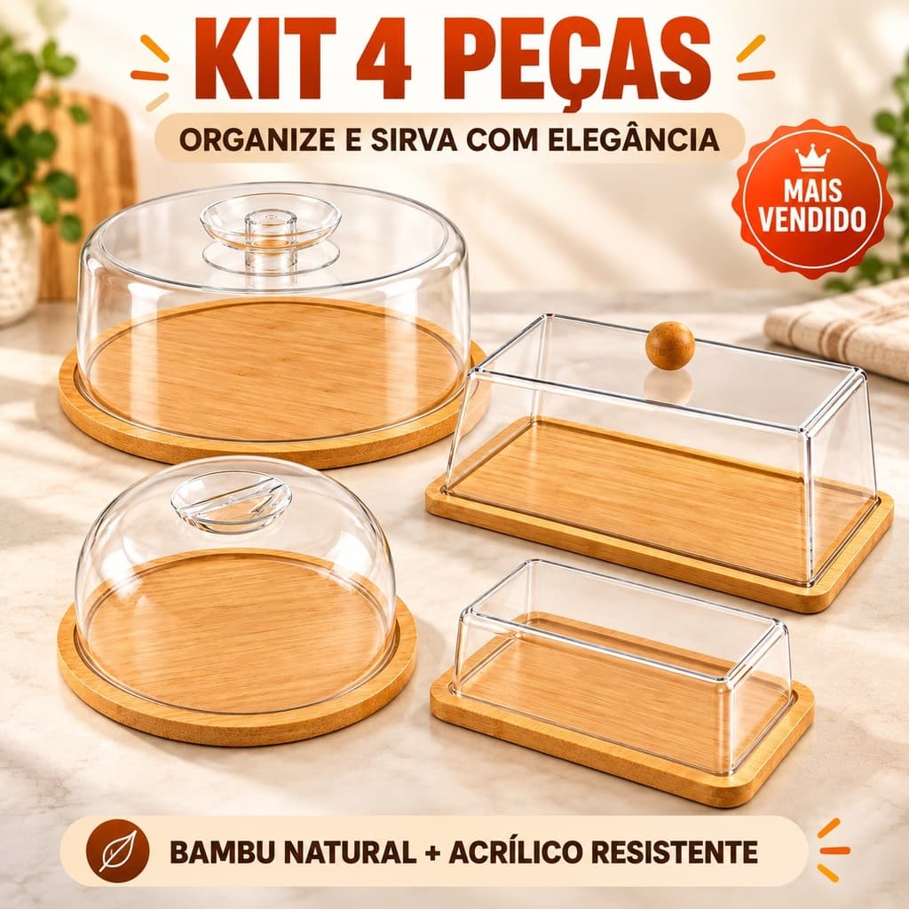 Café da manha de bambu 4 itens Boleira Queijeira Manteigueira e Porta mesa posta