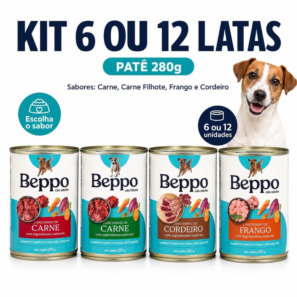 12 Pates para Cães BEPPO - Lata de Alimentação Umida - Ração Úmida Premium Especial - Cachorros