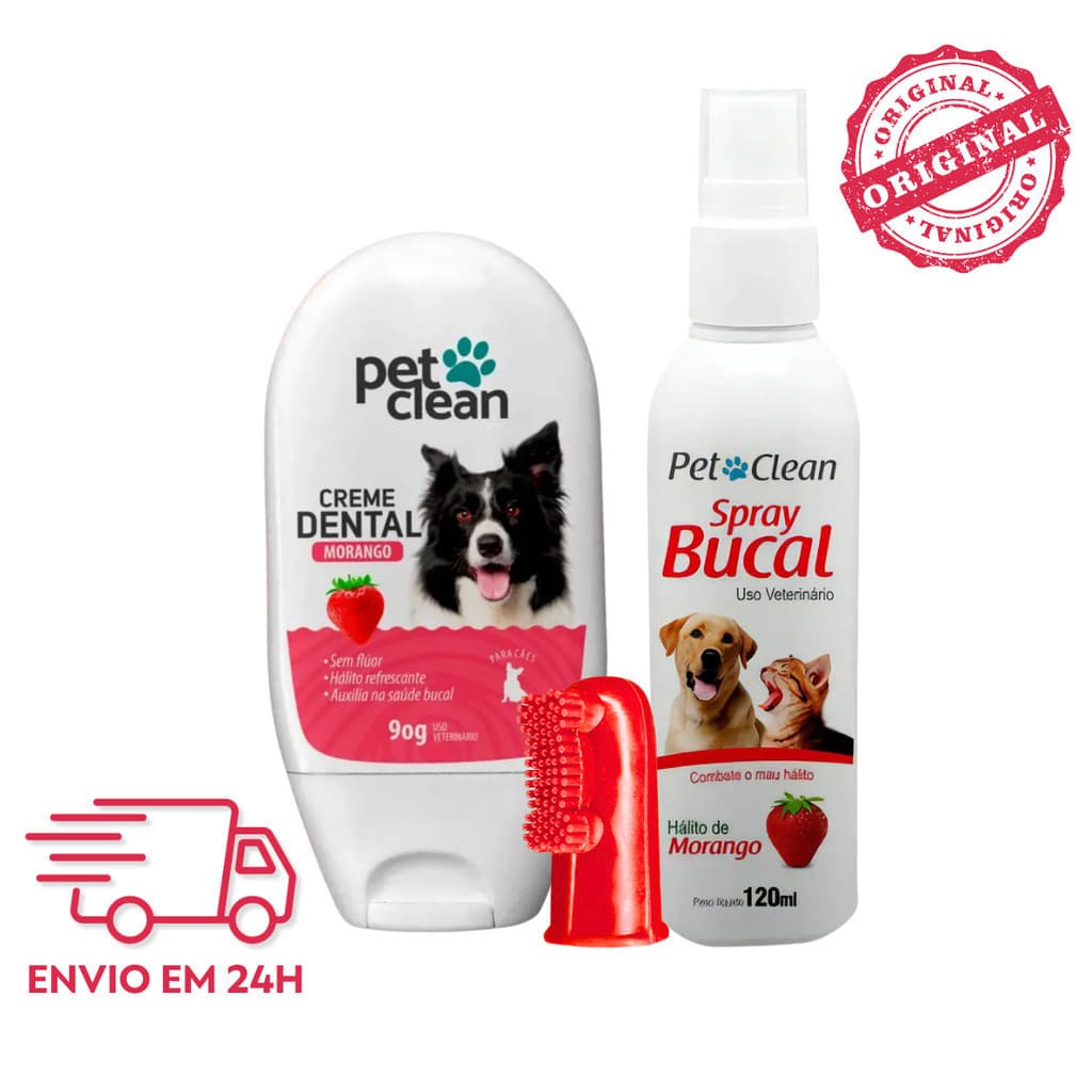 Kit Higiene Bucal Cachorro Gato Pet Clean Morango Creme Dental 90g Spray 120ml Escova Dedeira Previne Tartaro