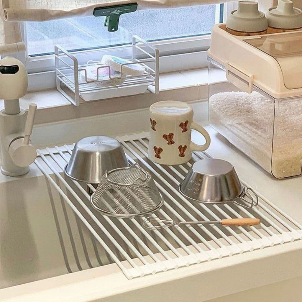 Escorredor De Pia Inox Dobravel Suporte Com Bordas De Silicone Organizador De Cozinha