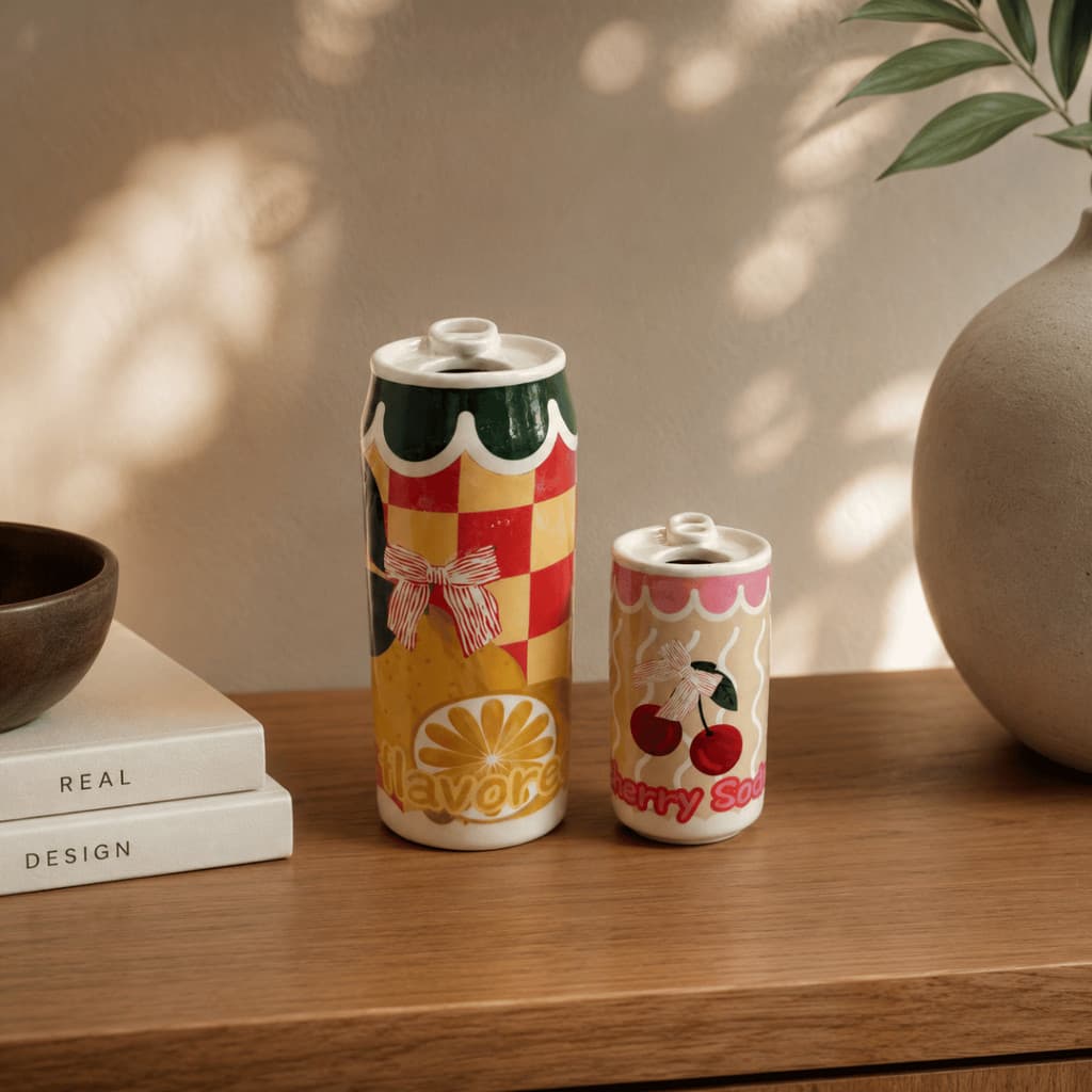 Jogo de 2 Vasos de Cerâmica Decorativo Cachepot Formato de Lata de Suco com Estampa Xadrez e Limão Lemon