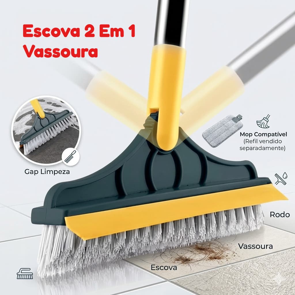 Escova 2 em 1 Vassoura e Rodo Limpeza de Frestas, Esfregão Multiuso Sem Cantos Mortos, Cabo Resistente Aço Inoxidável pa