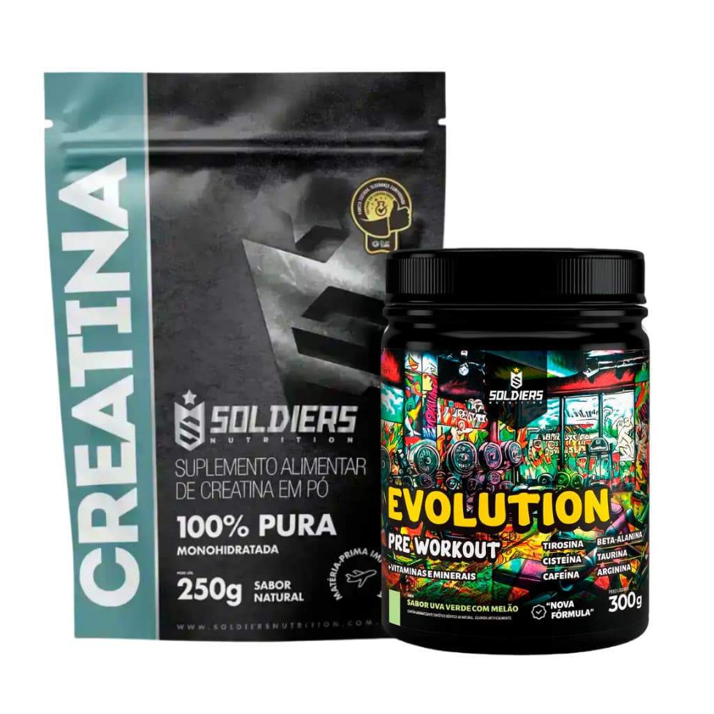 Kit Creatina Monohidratada + Pré Treino Evolution 300g  Aminoácidos Essenciais - Soldiers Nutrition