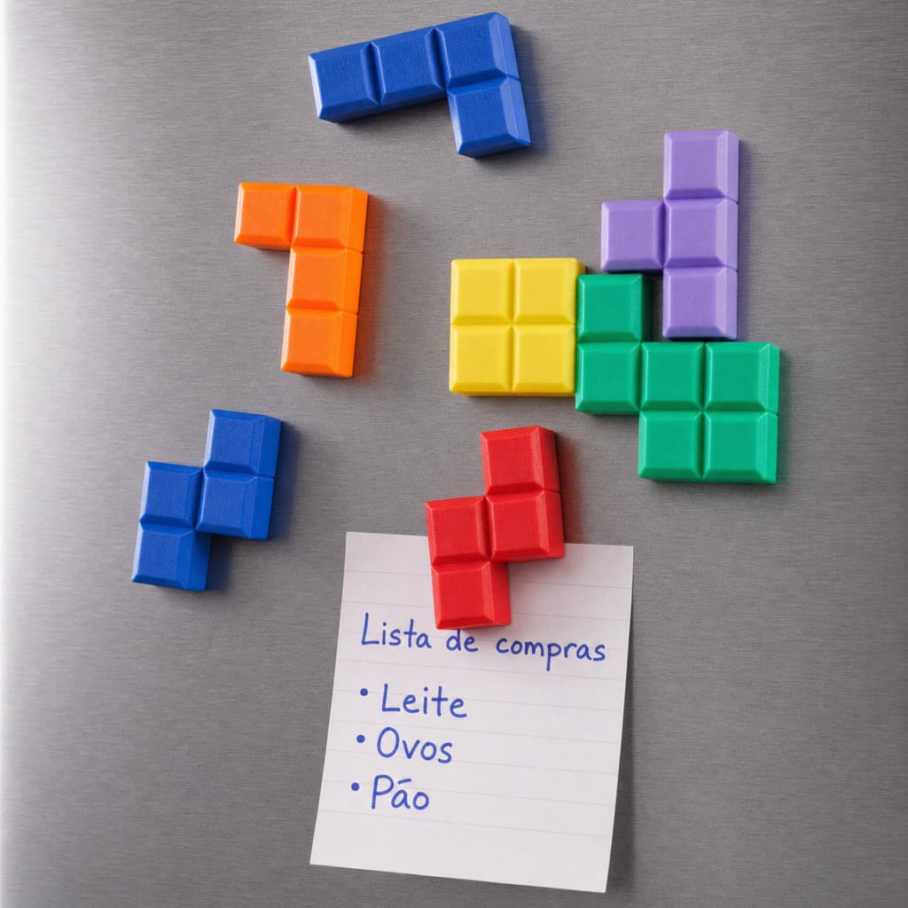 Imã de Geladeira Blocos Tetris Kit 7 Peças Coloridas Plástico Resistente Decoração Gamer Retrô para Fotos e Recados