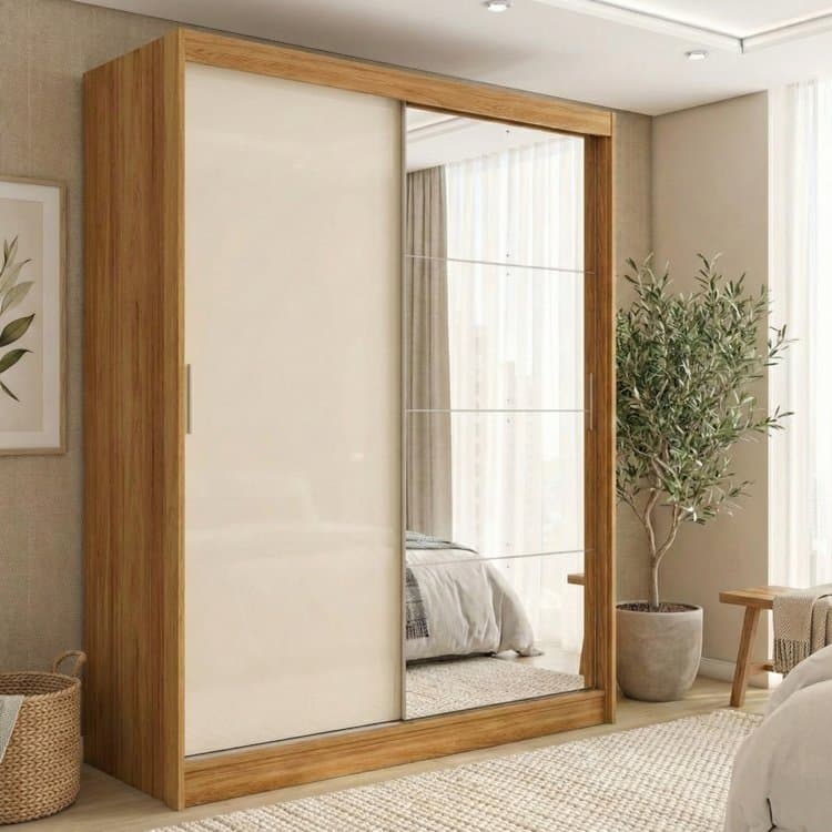 Guarda-Roupa Casal com Espelho 2 Portas de Correr e 4 Gavetas 100% MDF London Cinamon/Off-White Cinamon/Off White