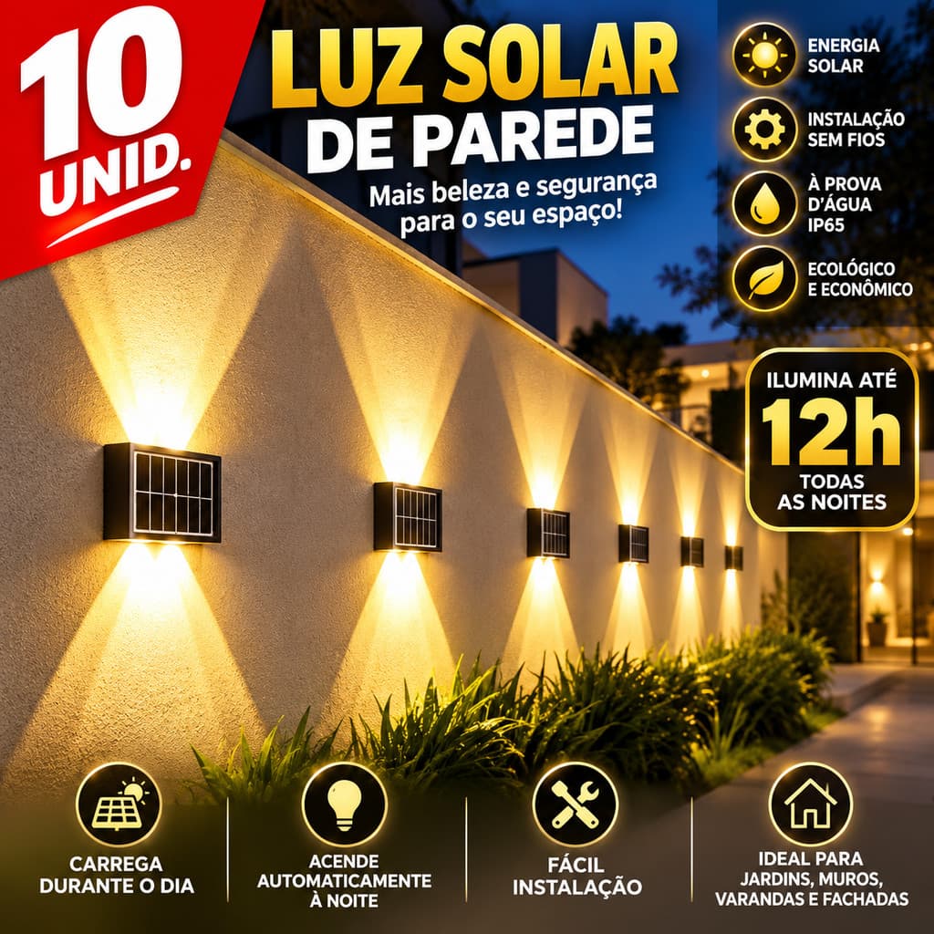 Até 10 Arandelas Solares Externas à Prova d'Água, Liga À Noite e Desliga de Dia Sozinha, Autonomia 12h ou 3h Luz Quente