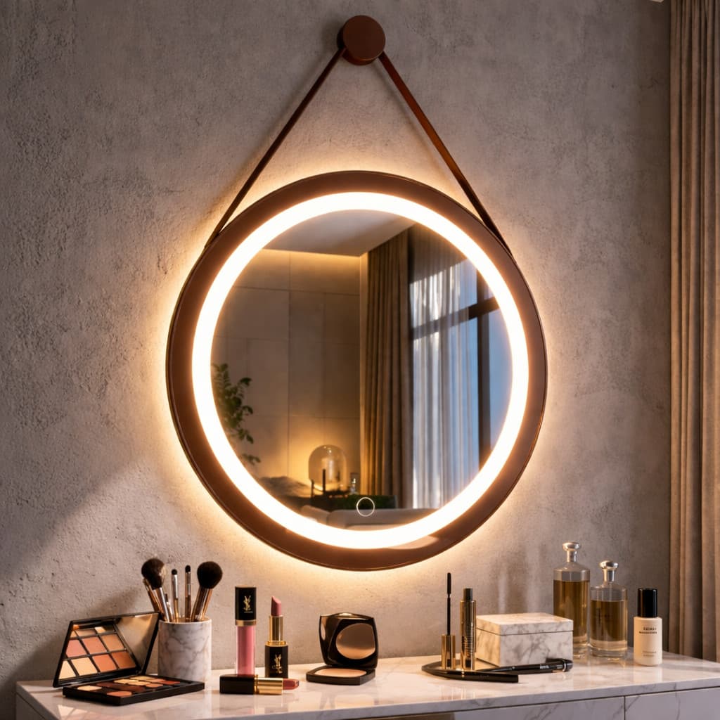 Espelho Adnet Grande 80cm Jateado com Moldura Couro Decorativo Redondo para Sala e Banheiro com Alça e Pino