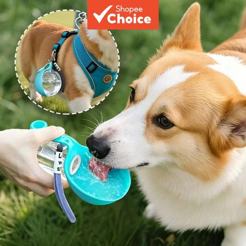 Garrafa de água portátil para animais de estimação de plástico, à prova de vazamentos, com cordão, bebedouro de viagem