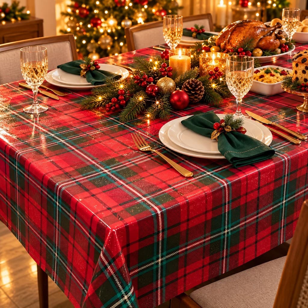 Toalha de Mesa Natal Impermeável Térmica 1,40x2,20 1,80 1,40 Xadrez Vermelho Dourada Glitter Ceia Natal