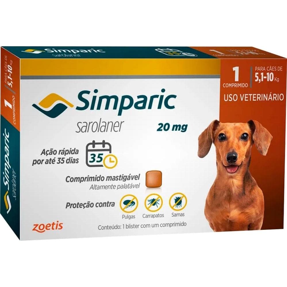 Simparic 20mg para de Cães 5,1 a 10kg - 1 Comp. - Zoetis
