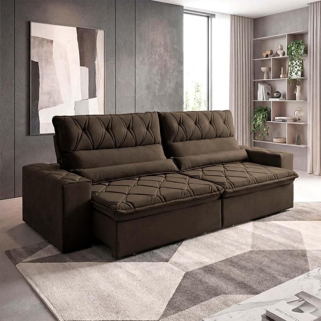 Sofá Retrátil/Reclinável França 3,00m Suede Velut Marrom c/ Molas no Assento - King House