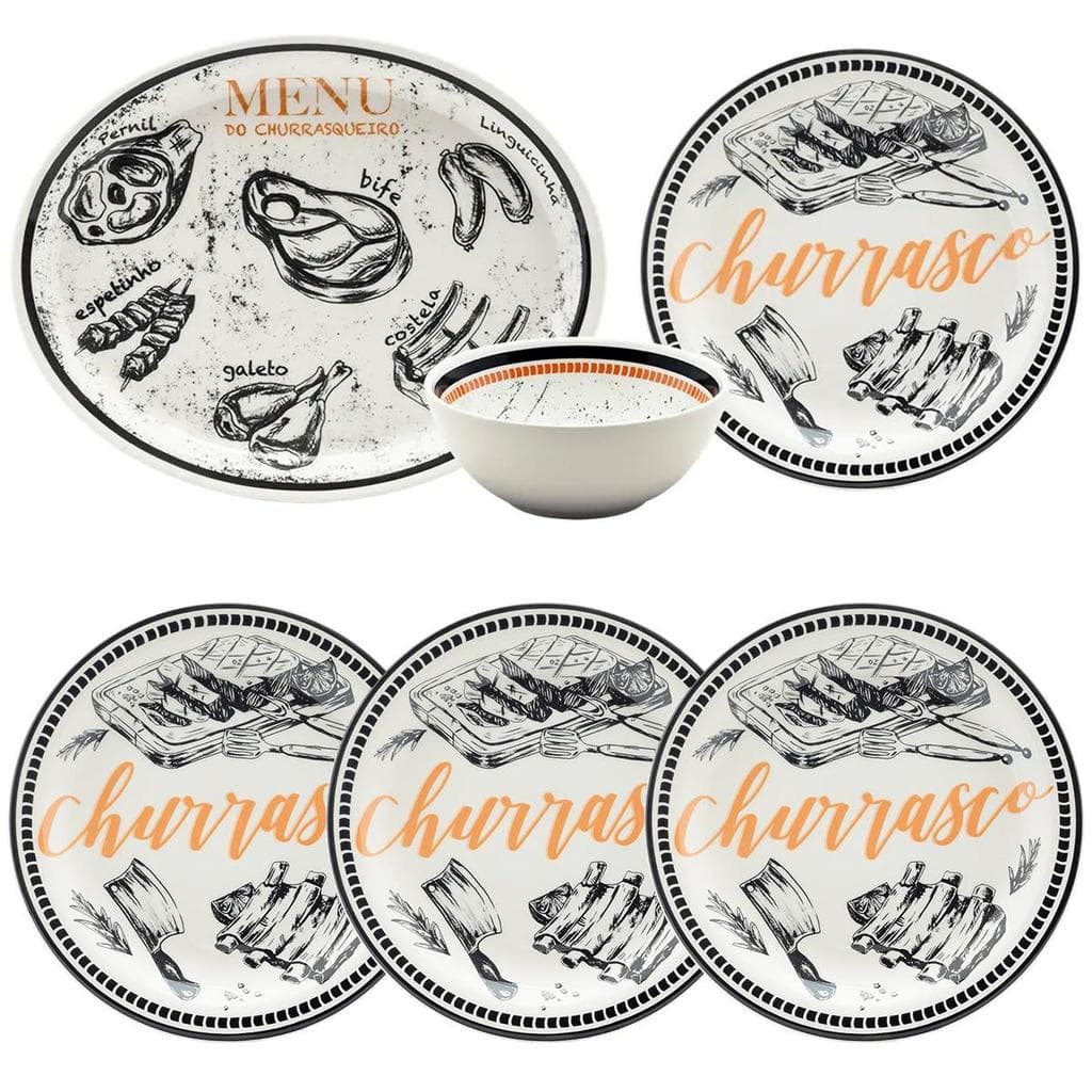 Conjunto Jogo de Churrasco Oxford 6 Peças Cerâmica Pratos Tigela e Travessa Menu do Churrasqueiro