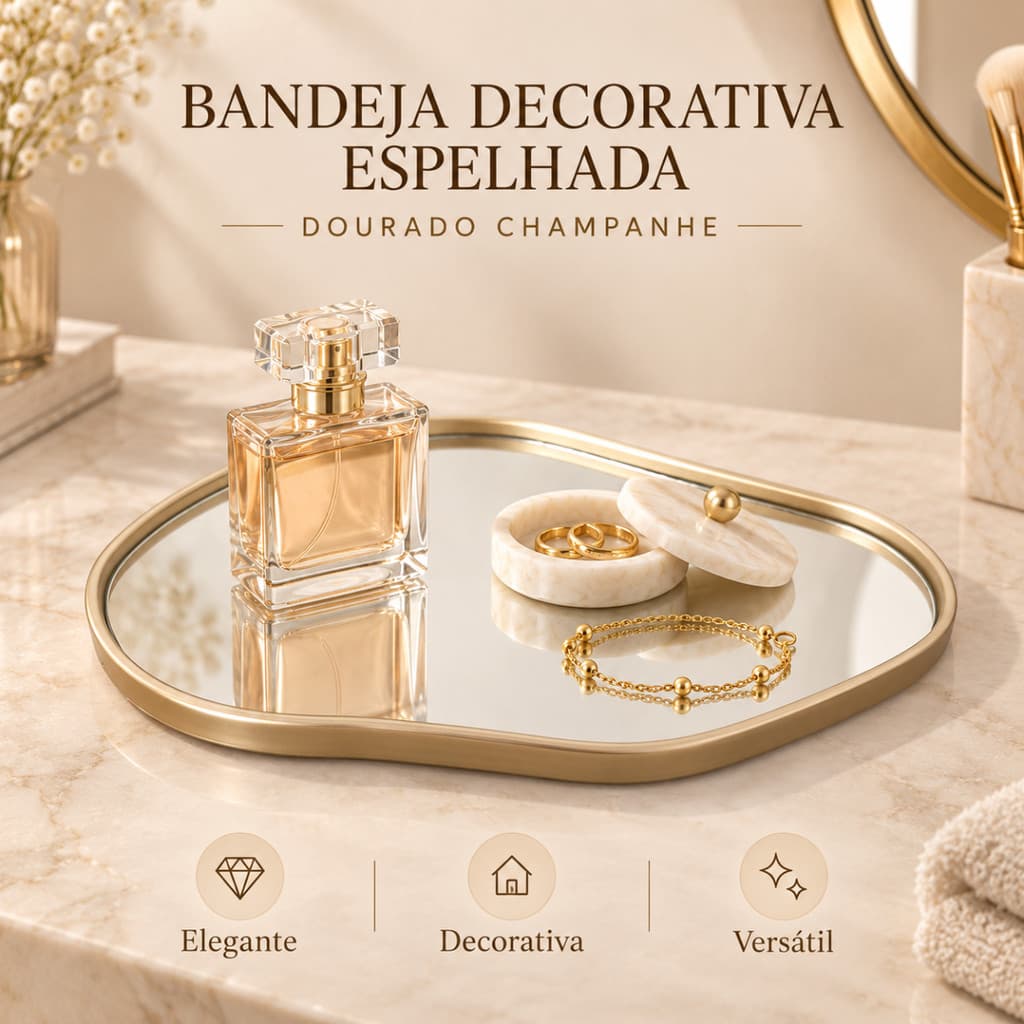 Bandeja Decorativa Espelhada Orgânica Dourada Champanhe Organizadora Penteadeira Cosméticos Maquiagem Perfumes Banheiro