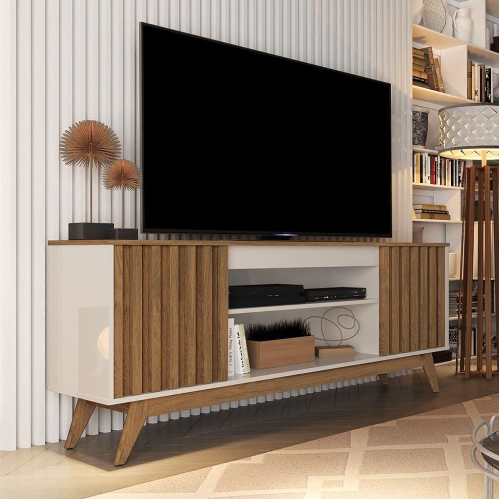Rack Ripado Retrô para TV até 60 Polegadas MDF 160cm Pés em Madeira Maciça Malibu Wood Bege Off White/Freijó