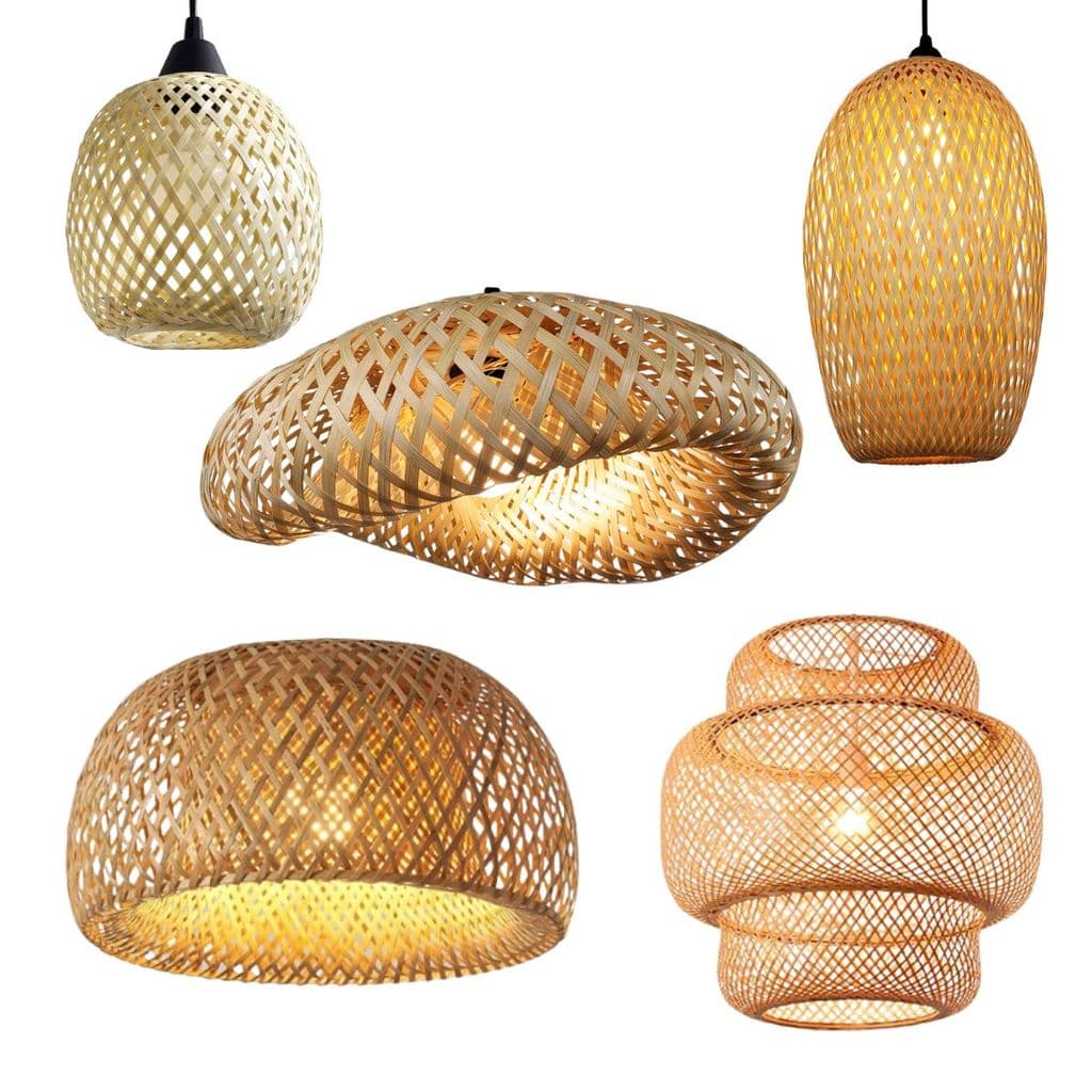 Conjunto Lustres Teto Luminária Pendente Bambu Rattan Rústico Trançado Artesanal Fibra Natural