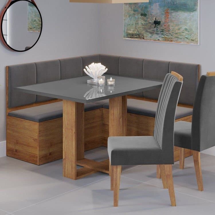 Conjunto Canto Baú com Mesa de Jantar Retangular 120x80cm de Vidro e 2 Cadeiras Yescasa Cinza/Mel/Br Mel/Cinza