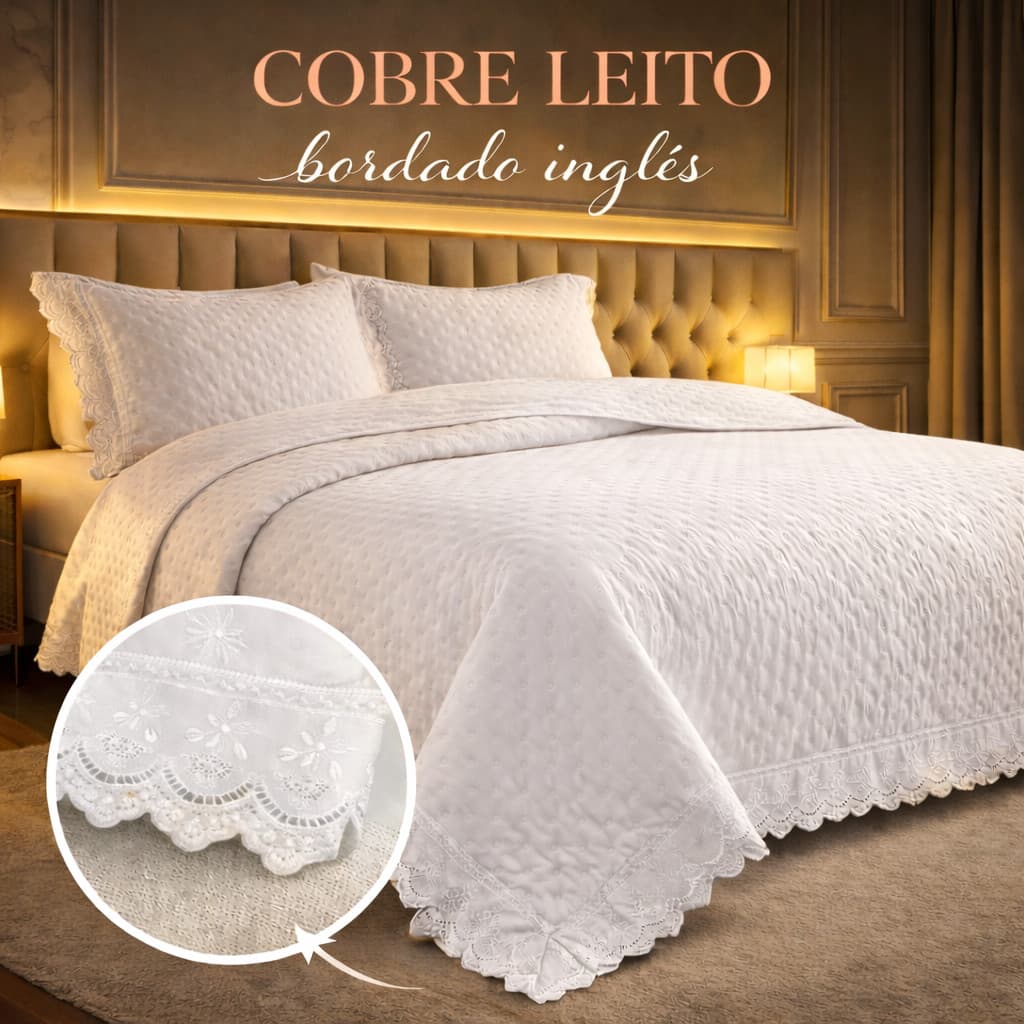Edredom Cobre Leito Colcha 400 Fios Micropercal com Renda Luxo 3 Peças Premium