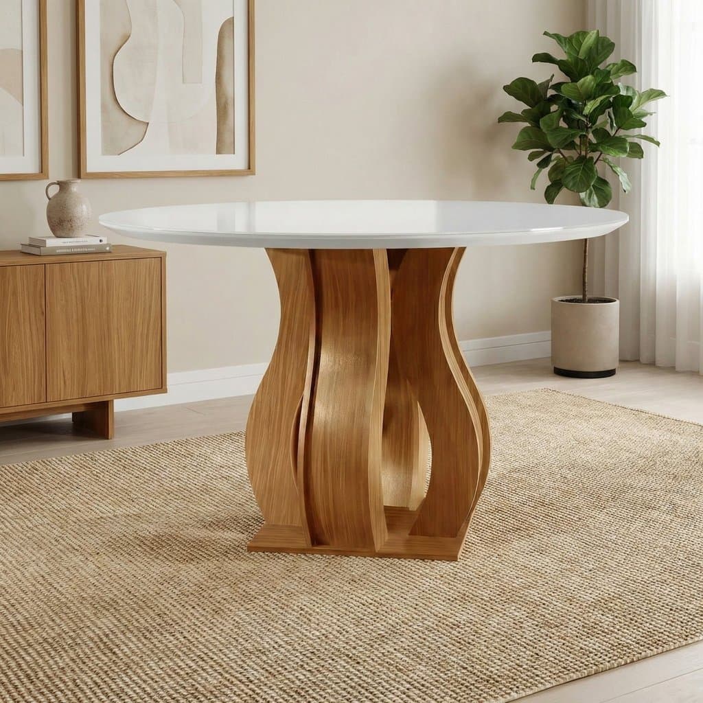 Mesa de Jantar Redonda 110cm Vidro/MDF 4 Lugares Castanho Cinamomo/Off White Nuance Yescasa Marrom Castanho Cinamomo/Off