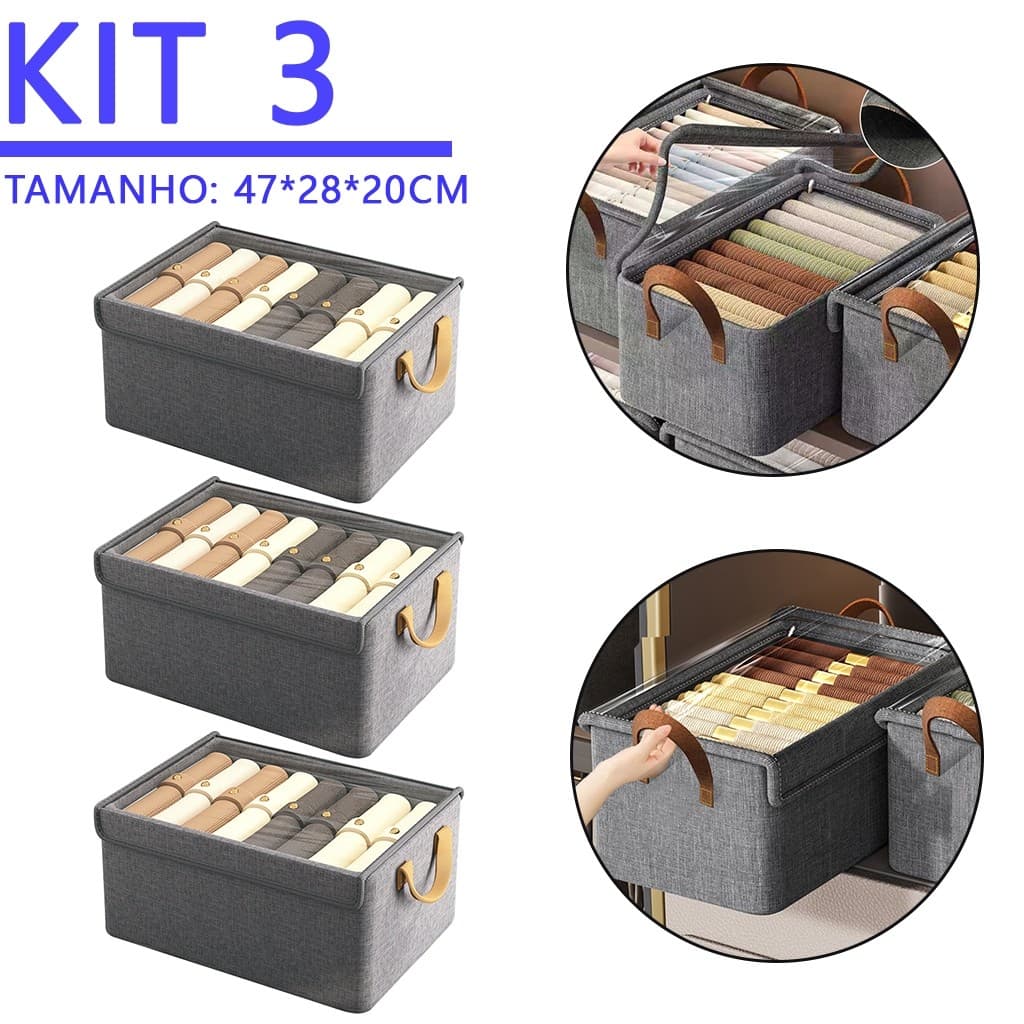 KIT 3 Caixas Organizadoras com Tampa Transparente – Oxford Reforçado 47×28×20cm
