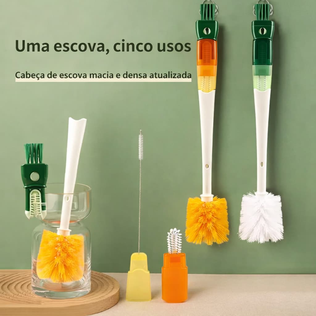 Escova de Limpeza Multifuncional 5 em 1 para Copos, Garrafas e Utensílios