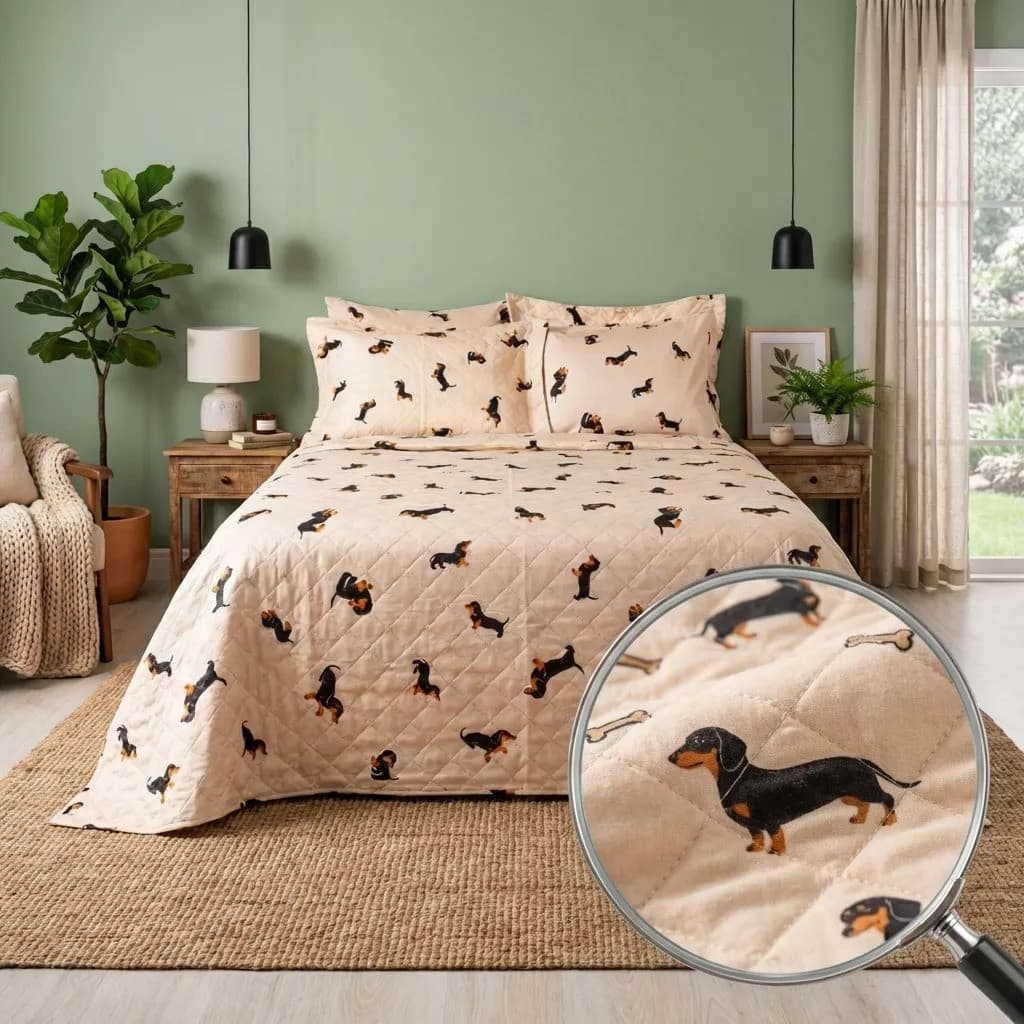 Kit Colcha Cobre Leito 180 Fios Estampa Pet Cachorro Salsichinha Casal Queen ou Solteiro 2 e 3 pçs