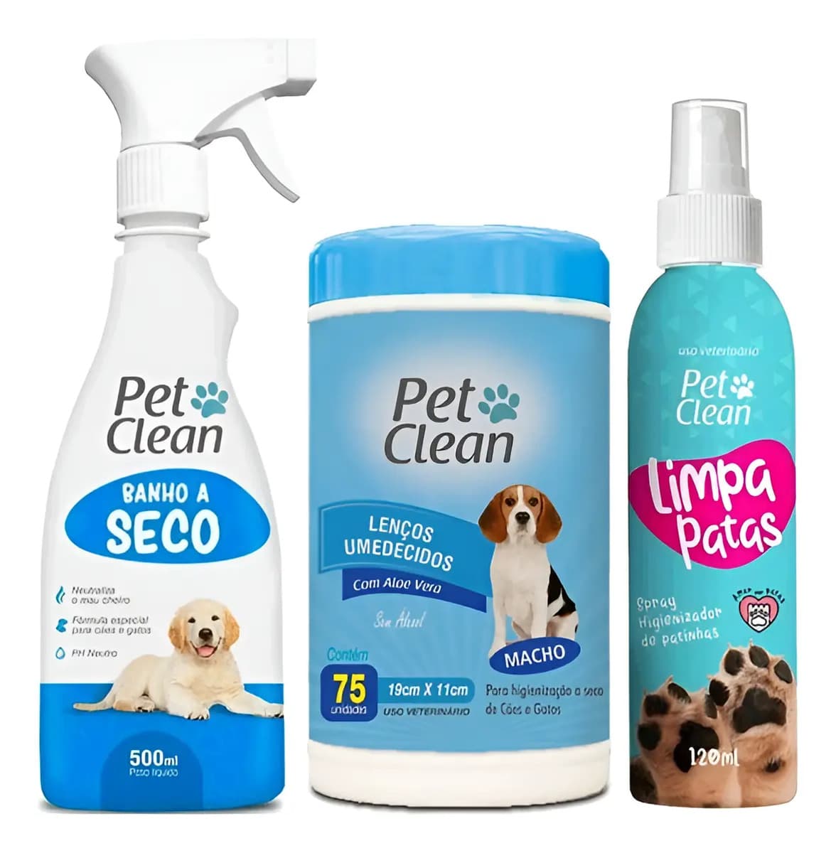 Kit Banho A Seco Pet Clean Sem Enxágue + Lenço + Limpa Patas